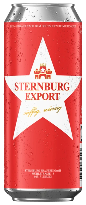 Betaute rote Bierdose von Sternburg Export mit weißem Stern und Schriftzug in Rot und Gold.
