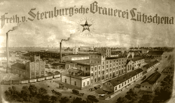 Historische Schwarz-Weiß-Ansicht einer großen Brauerei mit mehreren Gebäuden und Schornsteinen.