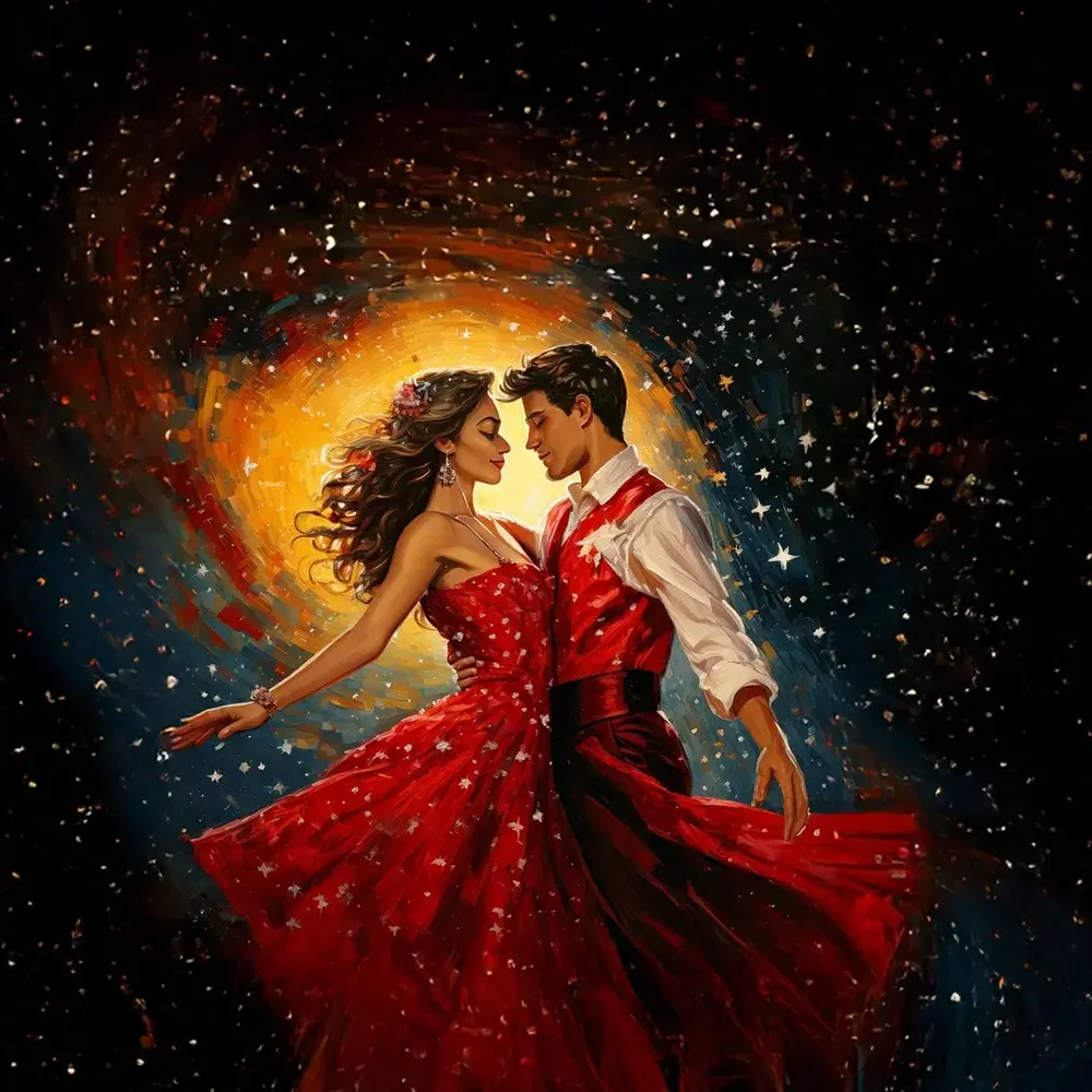 Ein Paar tanzt in eleganter Kleidung vor einem leuchtenden, bunten Hintergrund.