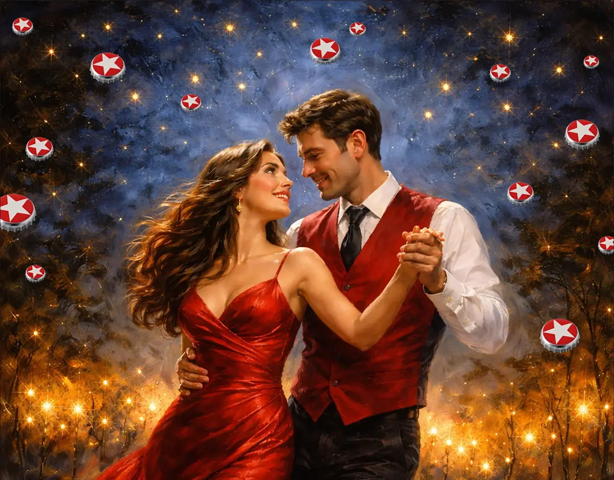 Ein Paar tanzt in eleganter Kleidung vor einem leuchtenden, sternähnlichen Hintergrund.