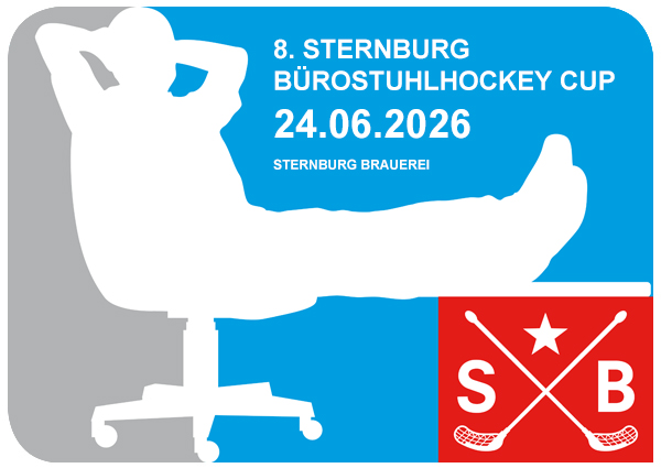 Eine Grafik präsentiert Informationen zu einem Bürostuhlhockeyspiel mit stilisiertem Stuhl und Hockeyschlägern.