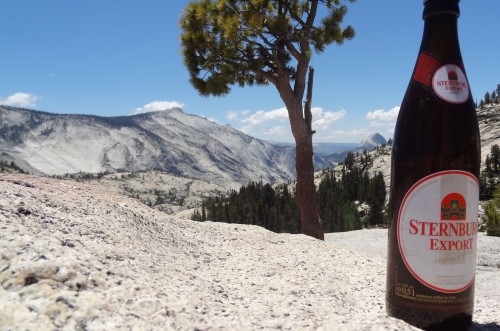 Eine Flasche Sternburg Export steht im Vordergrund vor einer Berglandschaft, im Hintergrund ein kleiner Wald